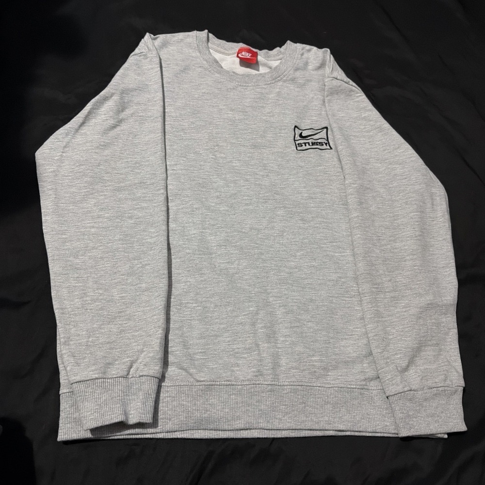 Nike x Stussy Sweatshirt Heather Gray Embroidered Logo Crewneck Mens Streetwear - Picture 1 of 6